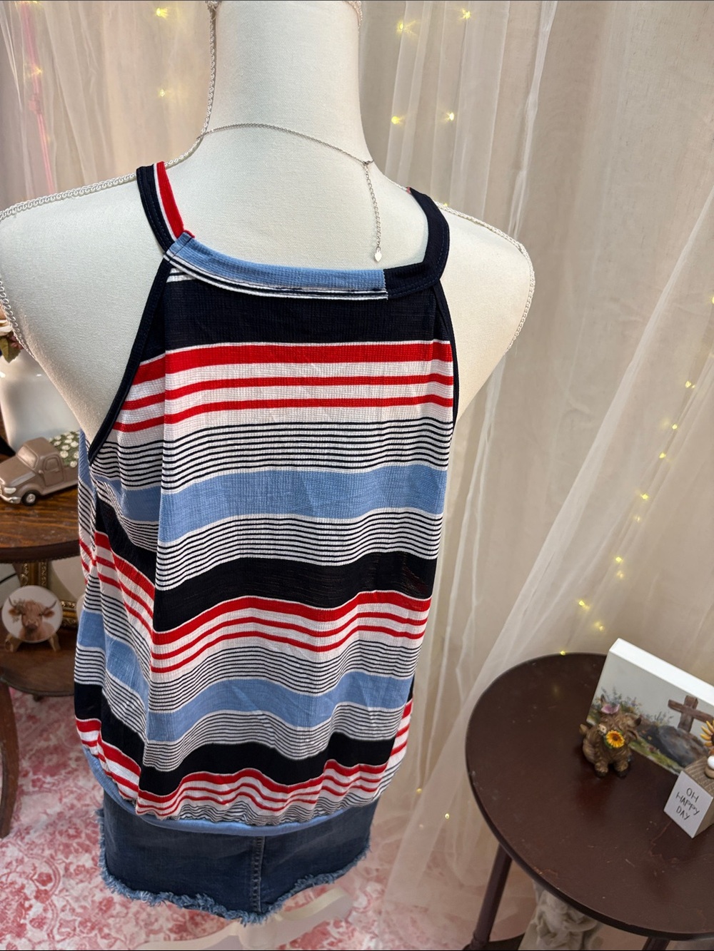 SJS Striped Halter Tie-Front Tank Top in Red, Blue & Black - Picture 5 of 7